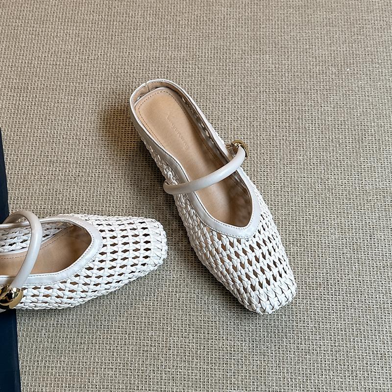 Square head woven hollow outer wear slippers inner height increase belt metal buckle bag head thick heel fashion sandals women's summer