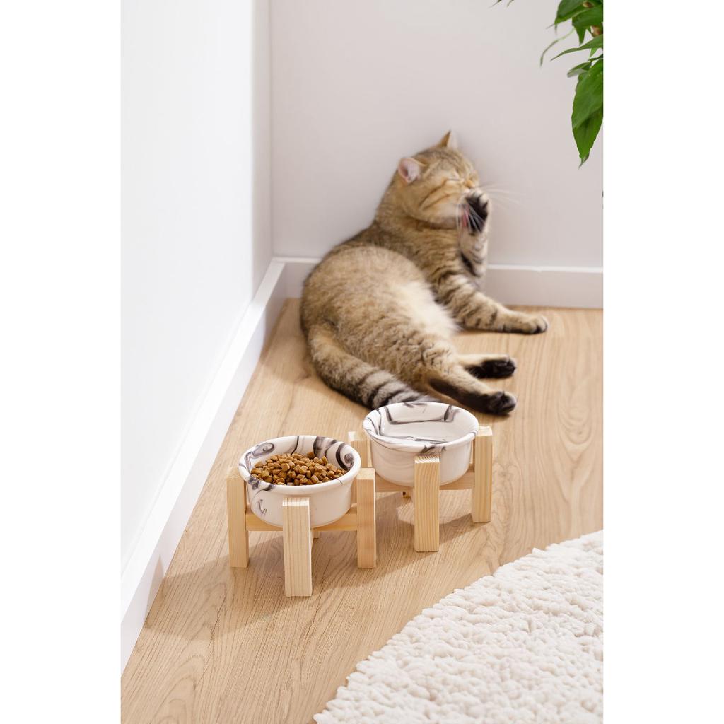 Ceramic Cat Dog Food And Water Bowl With Wooden Stand 2 Pieces Decorative Raised