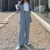 2 Pcs/Set Lady Formal Coat Pants Set Long Sleeves Open Stitch Cardigan Mid Length Jacket Loose Straight Wide Leg High Waist Trousers Formal Outfit
