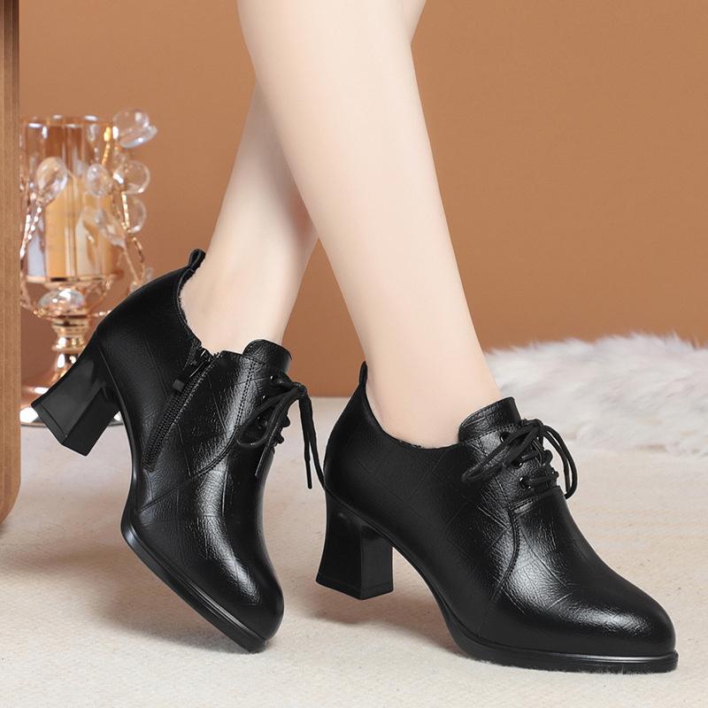New Winter Women Boots Thick Heel Flat Shoes Anti-slip Velvet Laces for Comfort Ankle Autumn Fashion Leather Boots