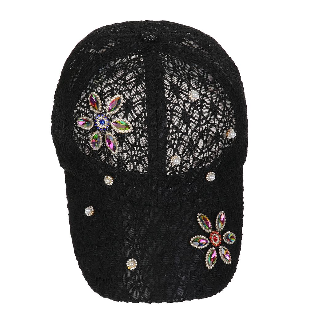 Rhinestone Pearl Flower Lace Baseball Cap, Women Breathable Mesh Adjustable Summer Sun Hat