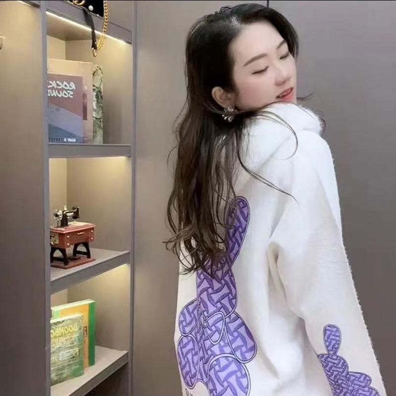 European-Style Faux Mink Hooded Rabbit Sweater for Women - Fashion-Forward, Long-Sleeved, Autumn/Winter, Soft and Comfortable with Stylish Print.