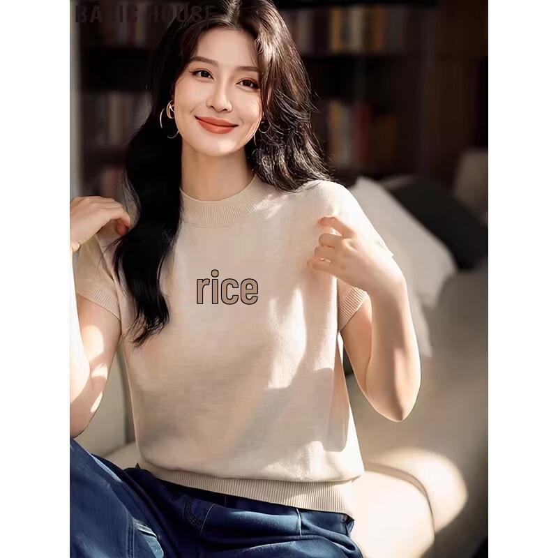 Basic House Women s Round Neck Knit Short Sleeve T-shirt M