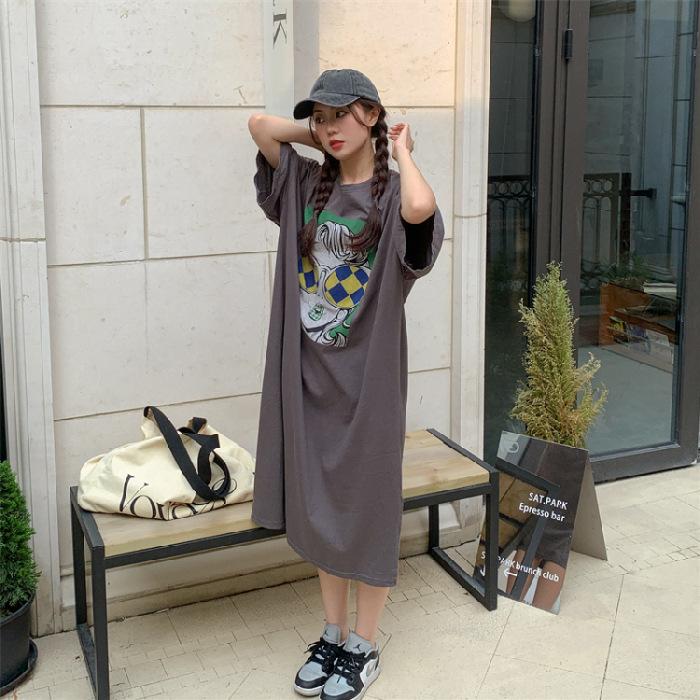 

Plaque-sized Women s Slit Casual and Laid-back Style Long T-shirt Dress Loose and Slimming Short-sleeved Sweet Dress Summer 4XL темно-серого