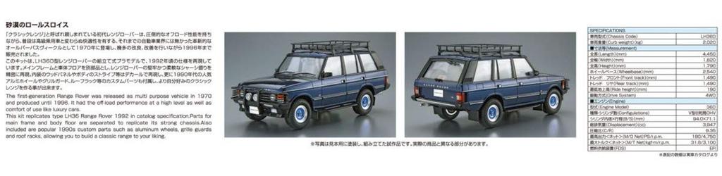 Aoshima Bunka Kyozaisha Die Modellautoserie SP Land Rover LH36D Range Rover Classic Custom 1992 Plastikmodell 1/24