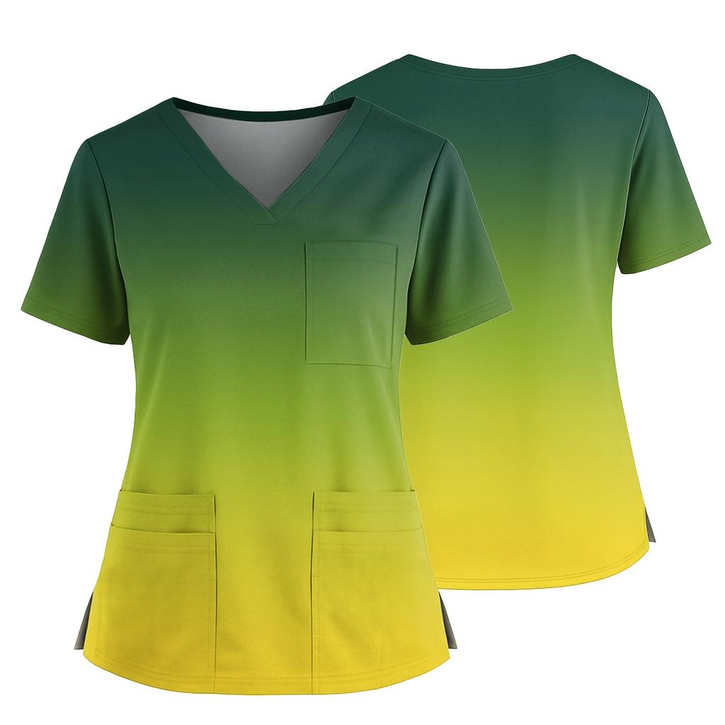 Damen Casual Bedrucktes V-Ausschnitt Taschen Seitennaht Schlitz Kurzarm Top