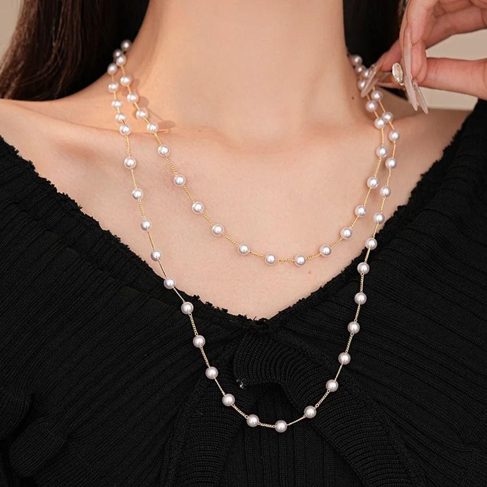 Simulated Pearl Sweater Chain Double-layer Collarbone Chain Long Pearl Necklace  for Women