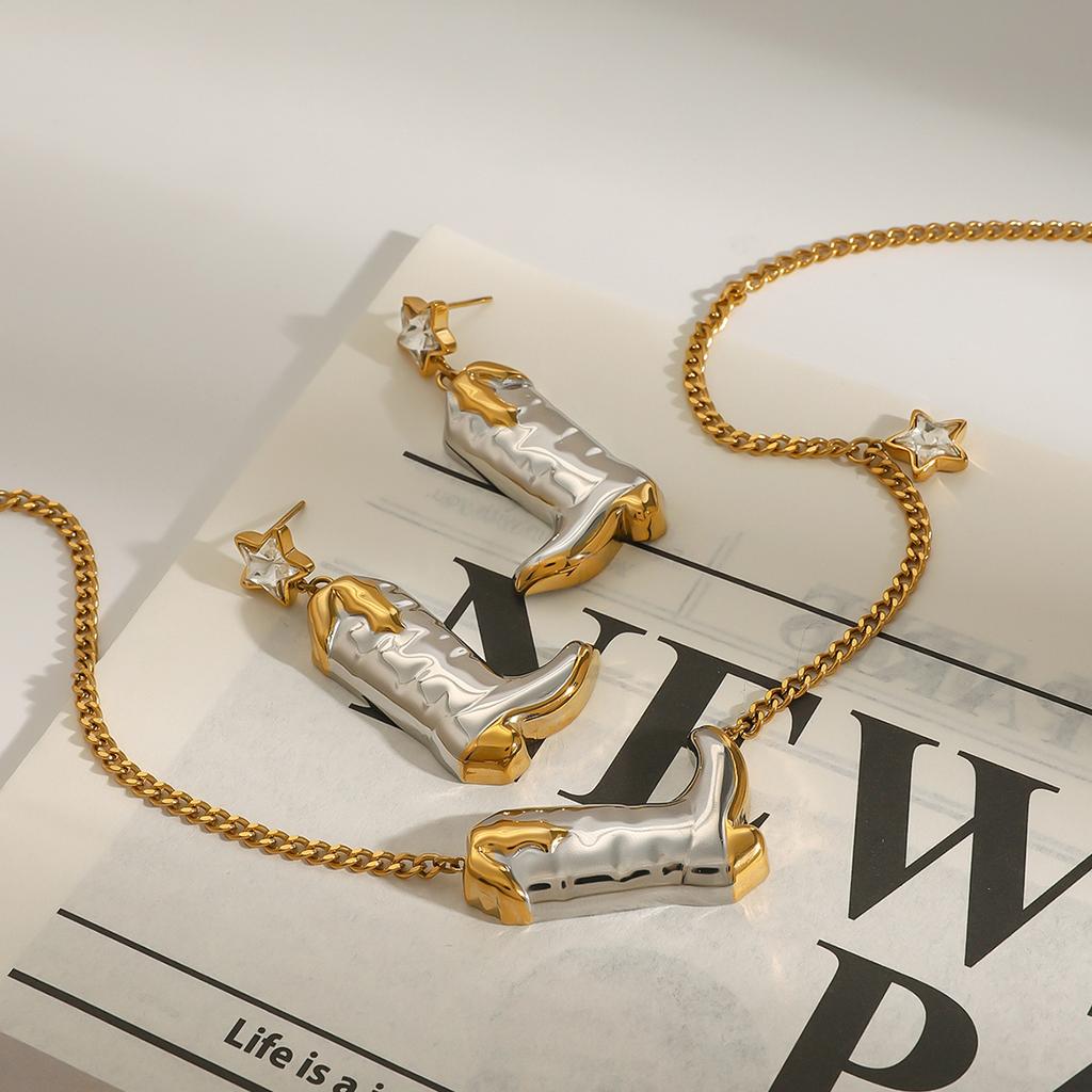 Yori Street Fashion Pentagram Hammered Boots Earrings Necklace Hip Hop Fashion 18K Gold PVD Plated Holiday Jewelry