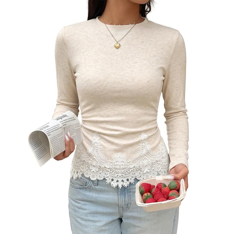 Womens Knit Long Sleeve T-Shirt With Lace Panel Zipper Detail Slim Fit Winter 2026