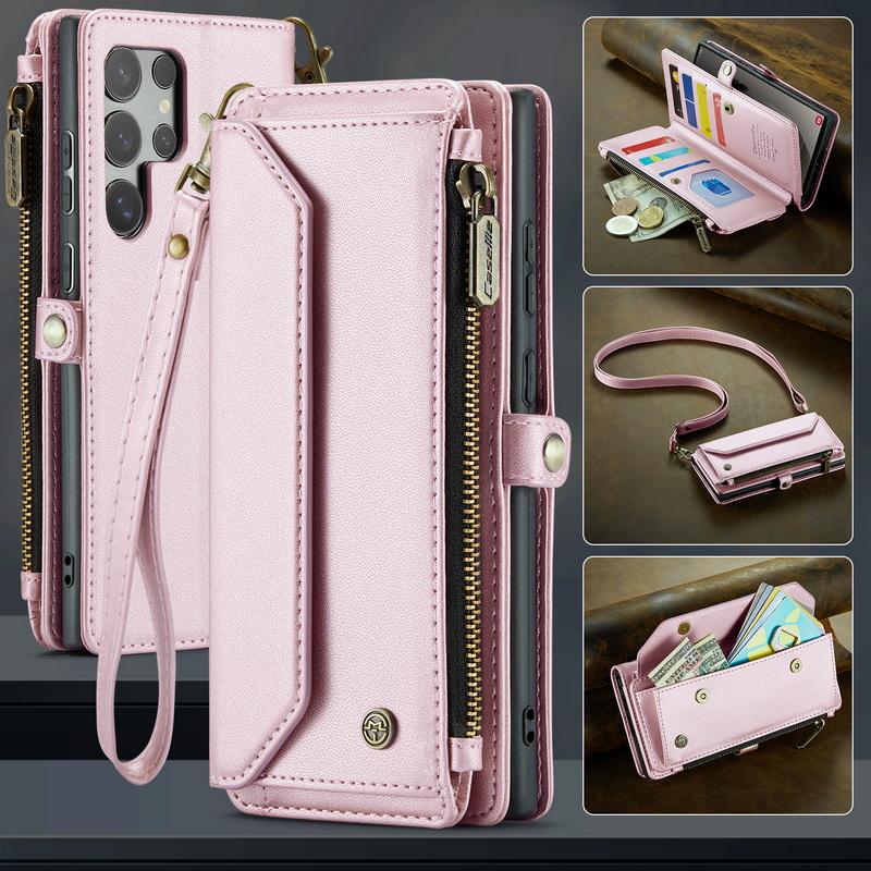 Custodia di Lusso in Pelle per Samsung S24 FE S23 Ultra S22 S21 Plus S20 S25 A16 A17 A57 A55 A35 A54 A34 S26 Tracolla con Cordino Portafoglio con Zip Slot per Carte Copertura