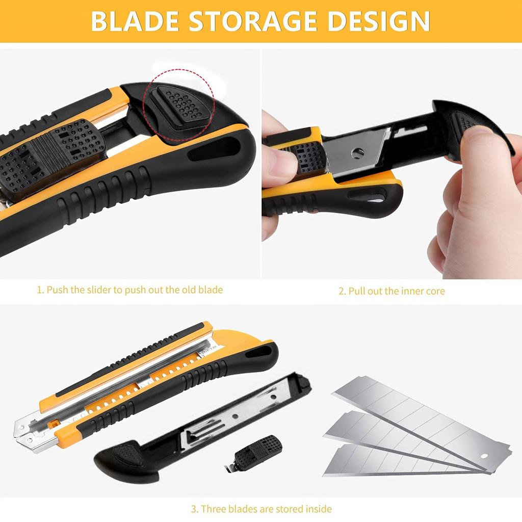 1 Pack Utility Knife Box Cutter Retractable, Blade Storage Design, Extra 2 PCS Snap Off Blades Included, Quick-Change Blades