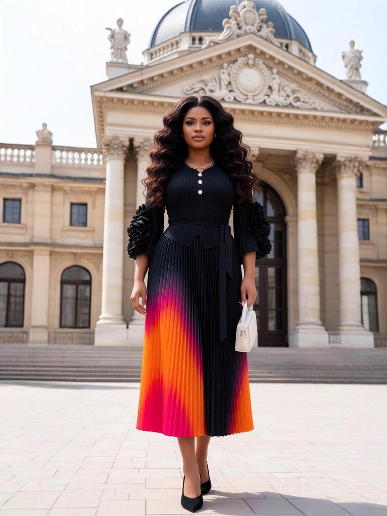 Miyake Plus Size Gradient Pleated Dress - Elegant, Slimming, Waist-Cinching Long Dress with European and African Fashion Influences