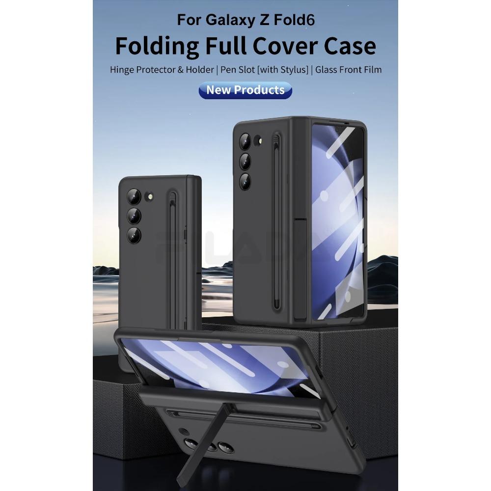 Skin Feel Matte for Samsung Galaxy Z Fold 6 5 4 3 Case with Tempered Film Pen Slot Capacitor Pen Folding Hinge Bracket Cover