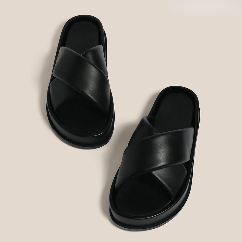 Dámské nazouváky Letní Módní S kříženými pásky Plochá Dovolená Plážové boty Žena Svrchní oděv Měkká kůže Otevřená špička Dámské pantofle