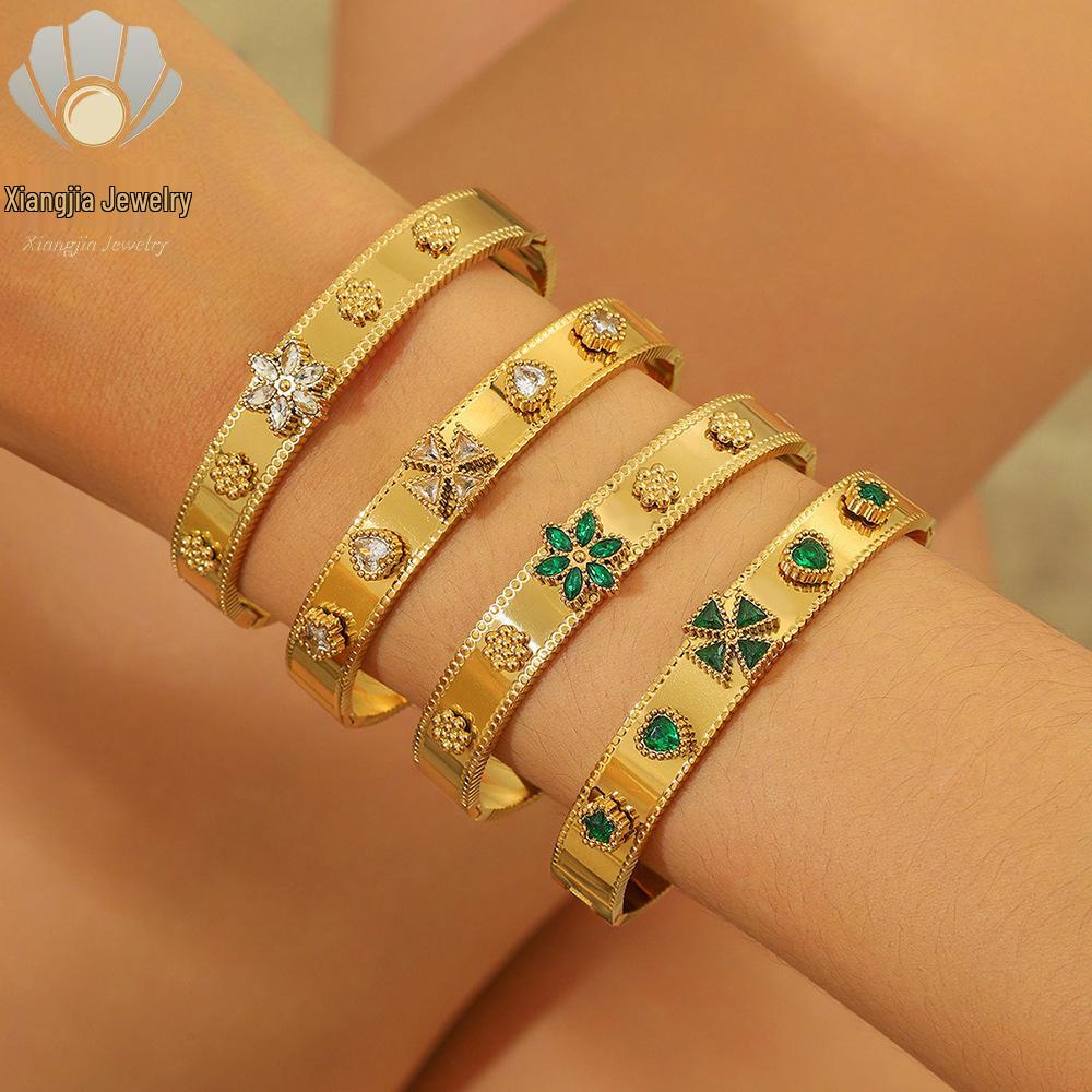 Szmaragdowy Cyrkoniowy Kwiat Stal Tytanowa Bransoletka - Damska Styl Europejski i Amerykański, Luksusowa Modna Bransoletka.