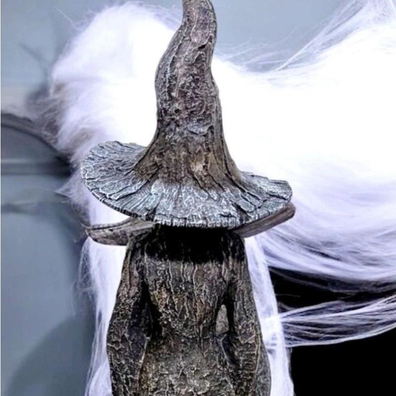 Halloween Witch Statue Tree Root Witch Figurine Sculpture Desktop Witch Decor Ornament Resin Home Office Party Decoration