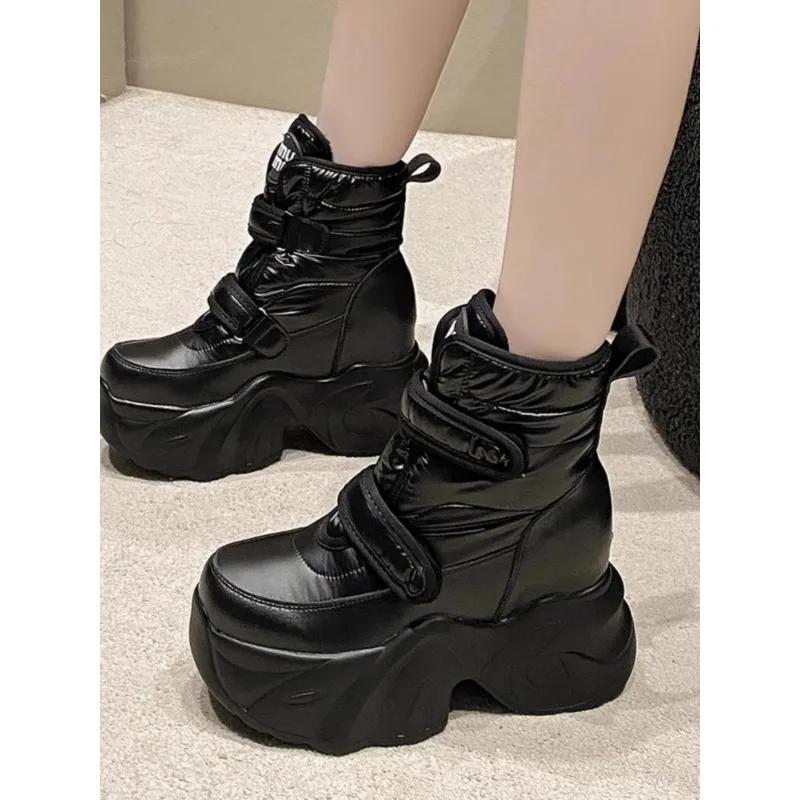 Winter Women's Fur Snow Boots Keep Warm Chunky Short Boots Outdoor Plush Mid-calf Shoes 9CM Platform Anti-skid Leather Sneakers