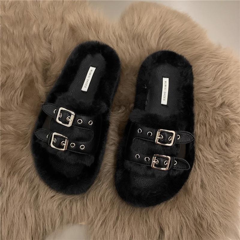 Papuci pufoși cu talpă groasă pentru femei, de exterior, 2024 nou toamnă și iarnă, retro, nișă, cu cataramă de curea, cu talpă plată, pantofi de pluș din bumbac