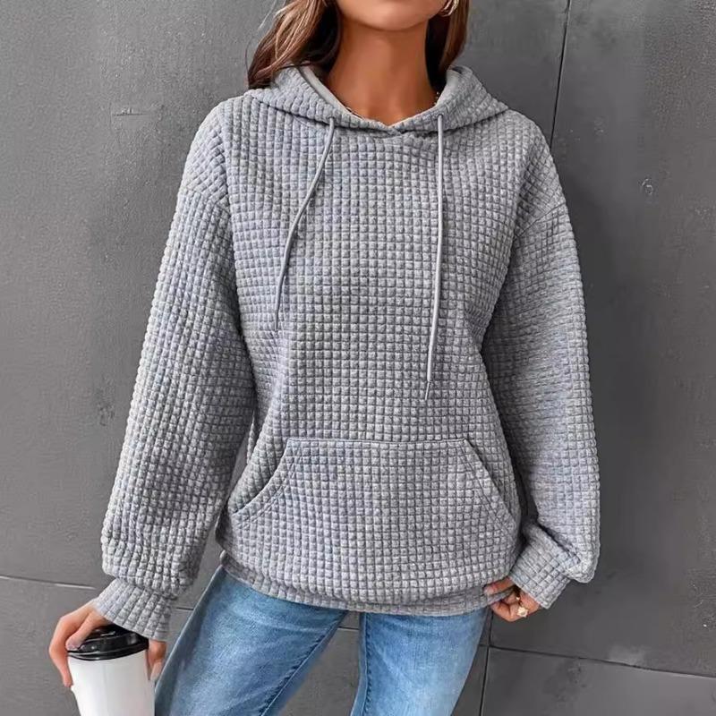 Fashion personality waffle round neck long-sleeved sweater women, autumn and winter loose and warm ladies pullover sweater hoodie comfortable
