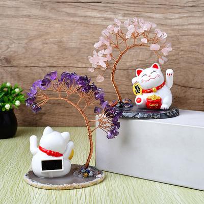 Solar Energy Shake Hands Lucky Cat Base Fate Tree Office Home Natural  Crushed Stone Life Tree Handwoven Weaving Decor