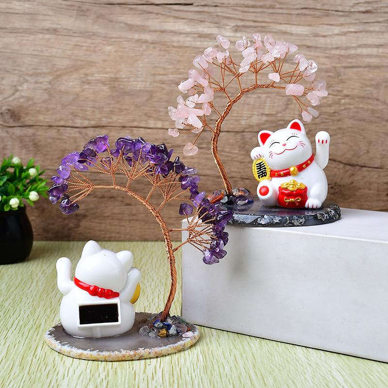 Solar Energy Shake Hands Lucky Cat Base Fate Tree Office Home Natural Crystal Crushed Stone Life Tree Handwoven Weaving Decor
