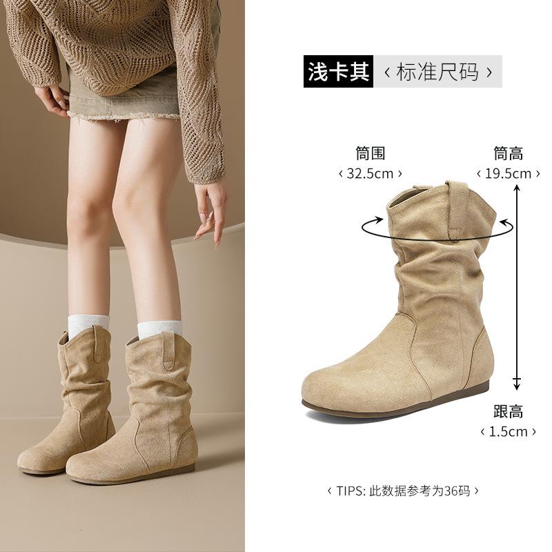 Short Boots Women's New Winter Velvet Retro Stacked Martin Boots Maillard Western Cowboy Boots