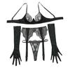 European-American Ultra-Thin Embroidered Floral Lace Lingerie Set with Gloves & Thong