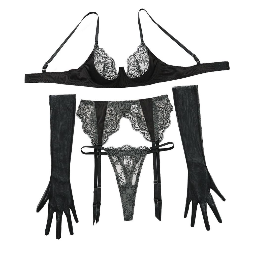 European-American Ultra-Thin Embroidered Floral Lace Lingerie Set with Gloves & Thong