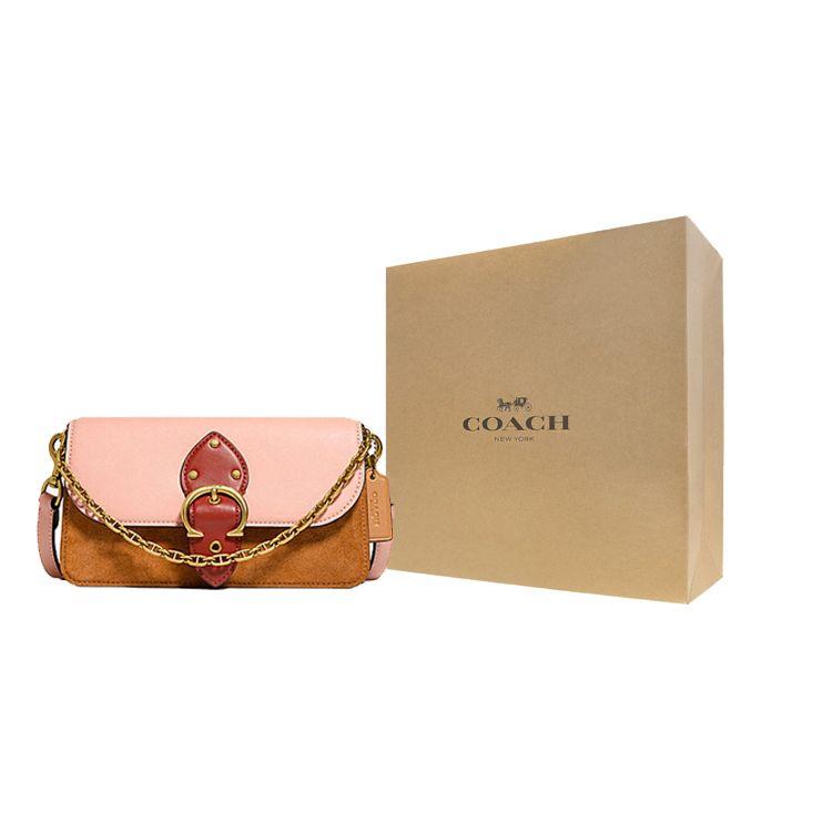 Coach Beat 21 Vintage Color Block C Buckle Leather Chain Shoulder Bag Women Shoulder Bag Cherry-Blossom-Pink Brown C2697-B4SB8