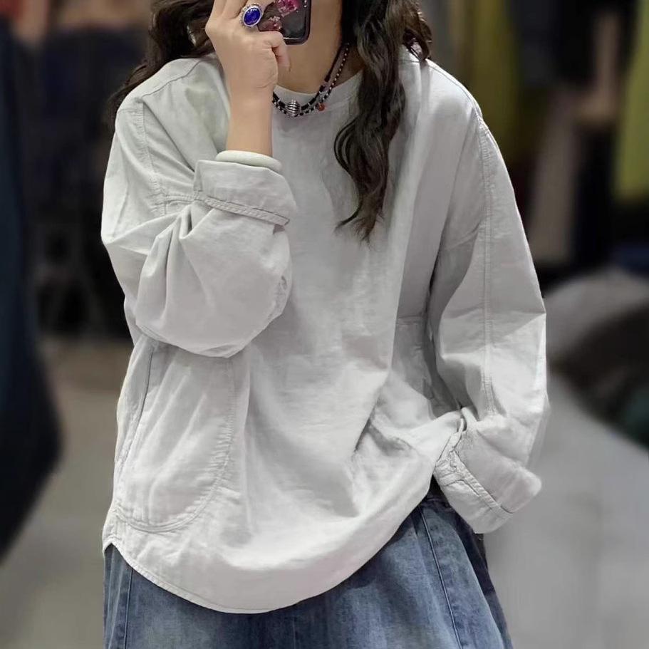 Spring Korean Style Double-layer Cotton and Linen Round Neck Loose All-match Long-sleeved T-shirt Casual Top