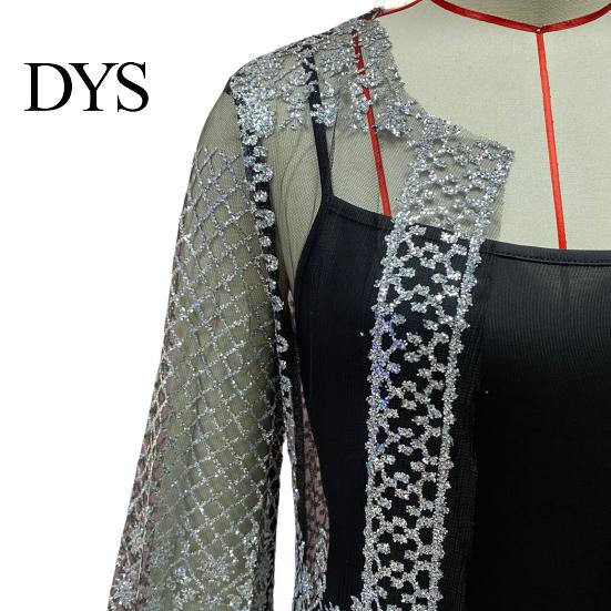 Shiny Bronzing Gown 2 Pcs/Set Women Evening Dress Big Swing Bronzed Cardigan Slip Wedding Guest Attire Set See-through Mesh Long Sleeve Coat Cocktail