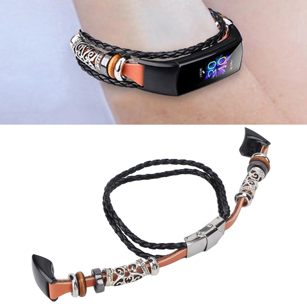Retro Sports Watch Band Metal Beads Leather Wrist Watch Strap Replacement for 5 4