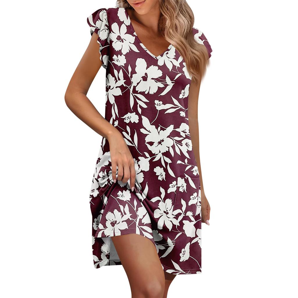 Womens Summer Dress Ruffle Sleeve V Neck Short Dresses Fashion Casual Flowy A Line Swing Sundress With Pocket