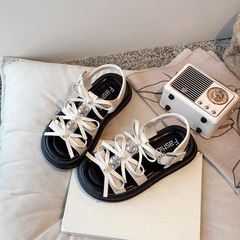 

Girls Sandals Sweet Bows Open Toes Kids Princess Shoes Crystal Elegant 2025 Summer Brand New Girls Beach Shoes Ins Trendy Casual 23 бежевый