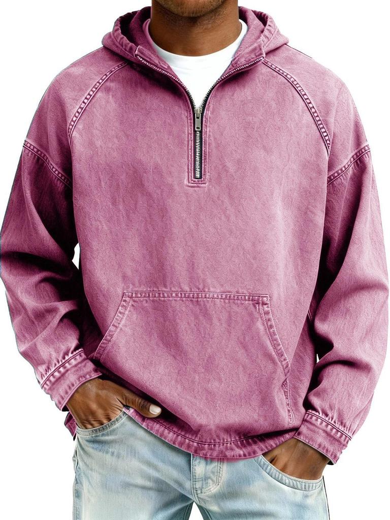 Men's Washed Old Solid Color Loose Half-Zip Hoodie with Hood - Autumn/Winter 2025 Collection