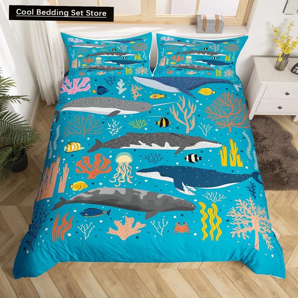 Whales King Queen Duvet Cover Ocean Animal Bedding Set Seaweed Starfish Marine Life Quilt Cover Blue Polyester Comforter Cover