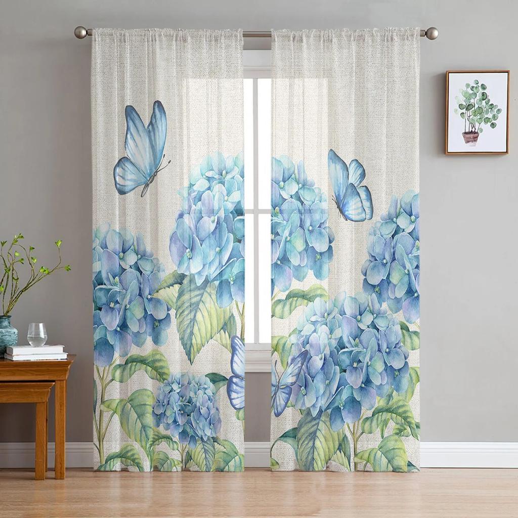 Spring Flowers Hydrangeas Sheer Curtains Transparent Voile Tulle for Bedroom Window Holiday Decoration