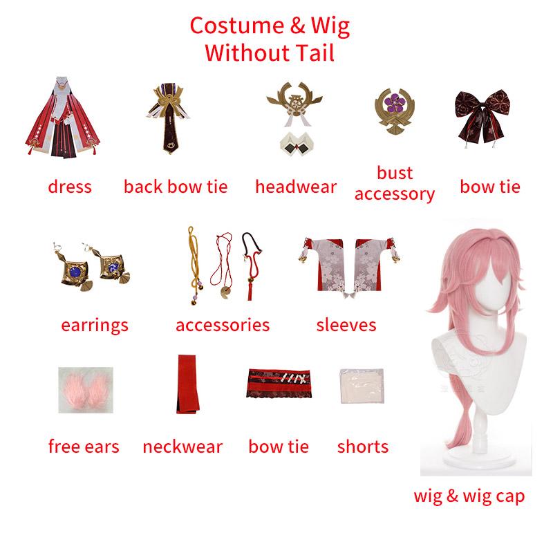High Quality Yae Miko Cosplay Costume Wig Pink Hair Fox Tail Ears Miko Cosplay Shoes For Women Role Play Dress