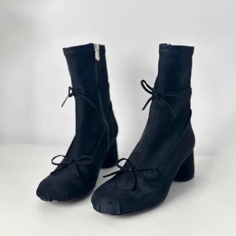 Fashion French Ballet Style Thick Heel Skinny Boots Women's Butterfly-Knot Round Toe Short Boots Side Zipper Elastic Mid-Calf Boots