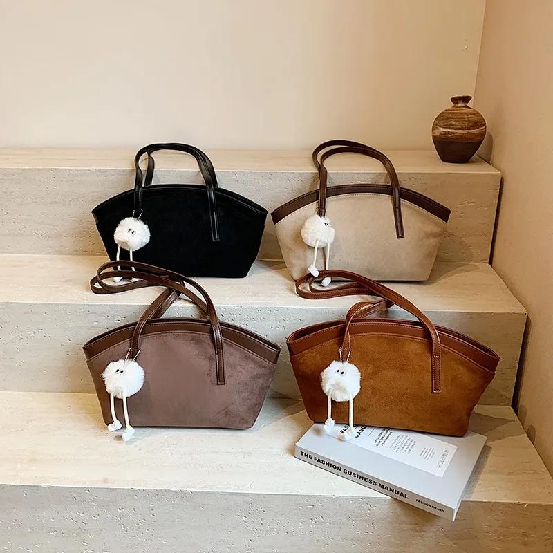 Monochromatic Faux Suede Shoulder Bag for Women Casual Bag Large Capacity Stitching Line Fashion