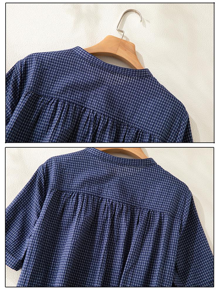 Japanese Style Blue Plaid Cotton Linen Shirt Dress for Women - Summer Short Sleeve Long Layered Design