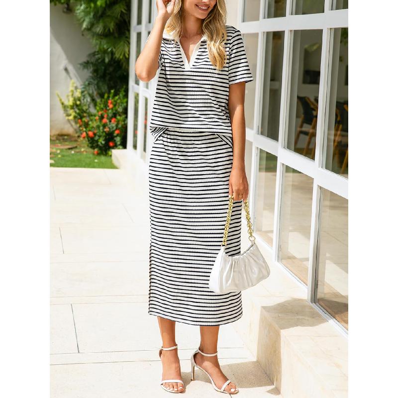 2026 Summer New Women's Fashion Casual Turn-down Collar T-shirt and Slit Skirt Set