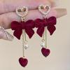 Sweet Red Velvet Bowknot Long Tassel Earrings for Women Exquisite Shining Zircon Heart Earrings Wedding Party Jewelry Gifts