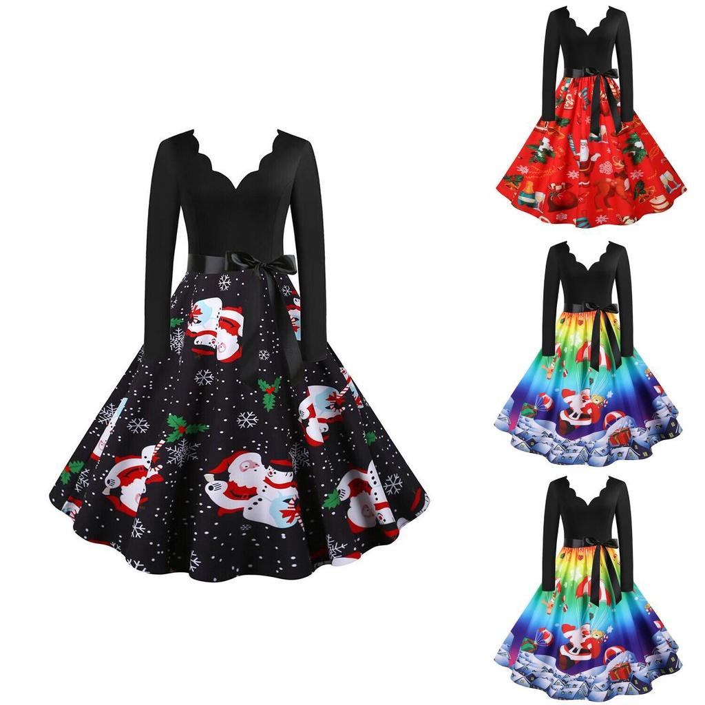 Elegant Santa Claus Print V Neck Christmas Dress For Women In Festive Red And Black