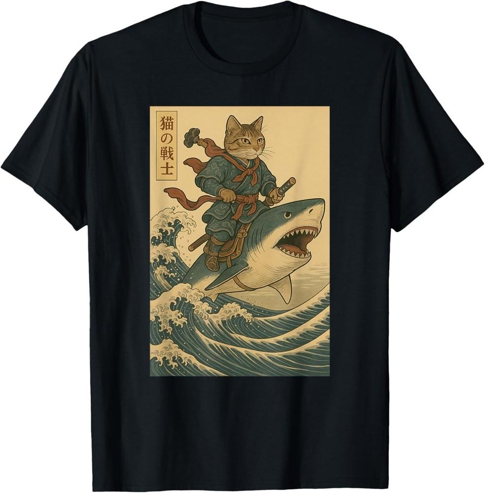 Vintage Anime Cat Japanese Funny Samurai Cat Riding Shark Unisex T-Shirt