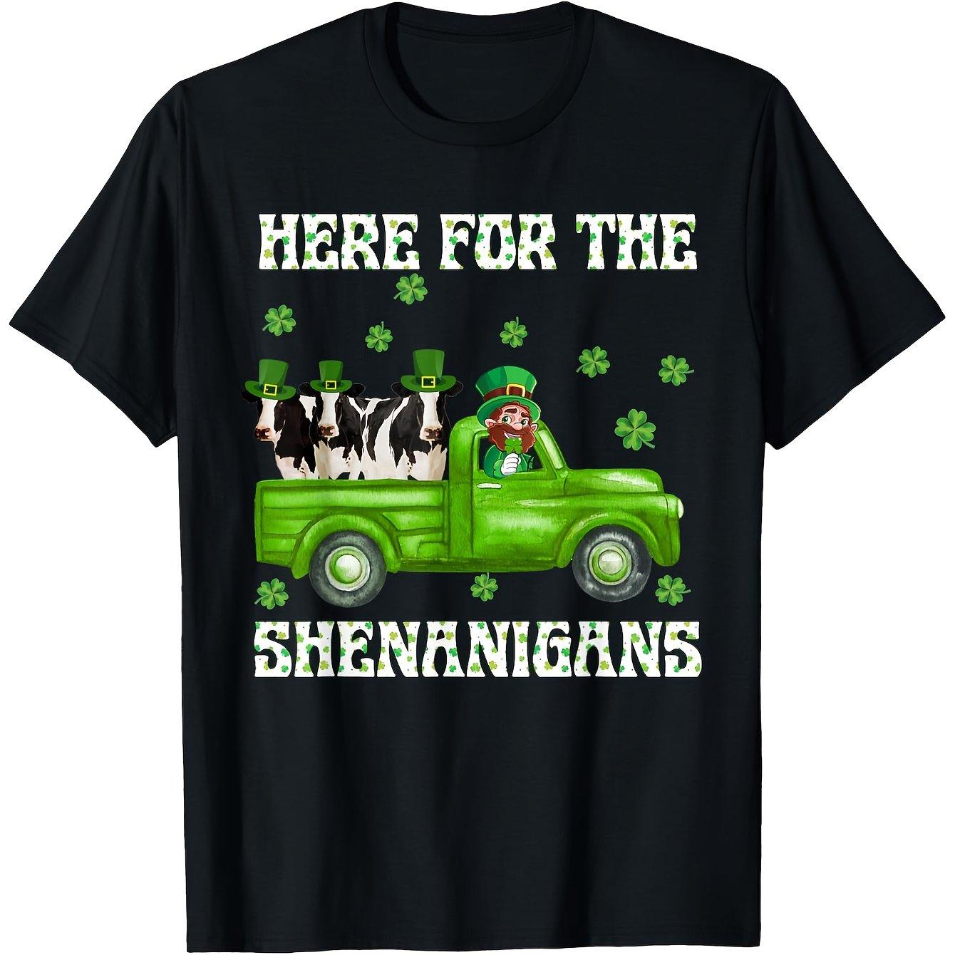 St Patricks Day Here For The Shenanigans Graphic Tee Leprechaun Cow Truck Driving T-Shirt Casual Unisex Cotton S