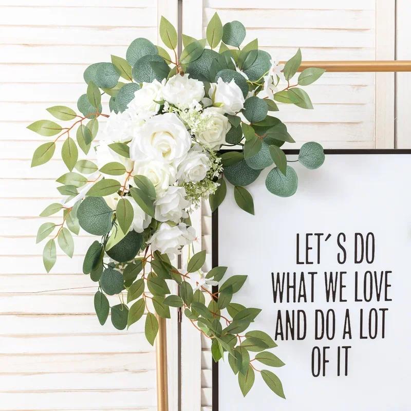 2pcs Artificial Flowers Wedding Backdrop Wreath Decor Welcome Card Sign Corner Wall Props Arrange Arch Fake Flower Row
