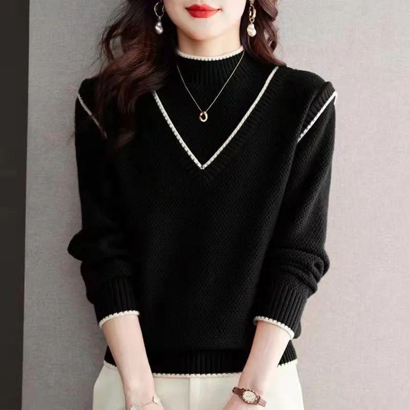 

Женская одежда с полувысоким воротником и винтовой нитью, однотонный пуловер с длинным рукавом, вязаный элегантный контрастный цветной топ S чёрный
