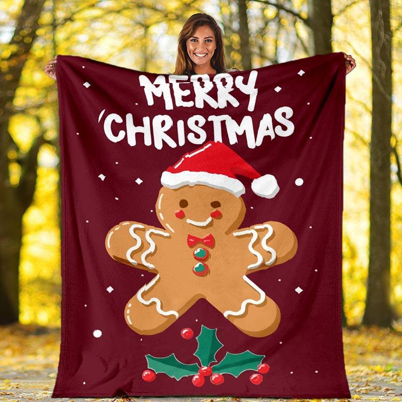 1pc Christmas Gingerbread Man Printing Lightweight Flannel Blanket, Comfortable and Warm Blanket, for Camping Sofa Bed and Couch Office, Gift