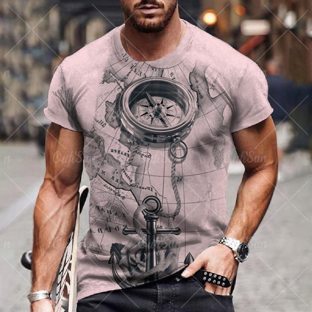 T-shirt imprimé boussole vintage pour hommes, chemise à manches courtes, hauts nautiques, sweat-shirt à col rond d'été, vêtements de créateur quotidiens pour hommes